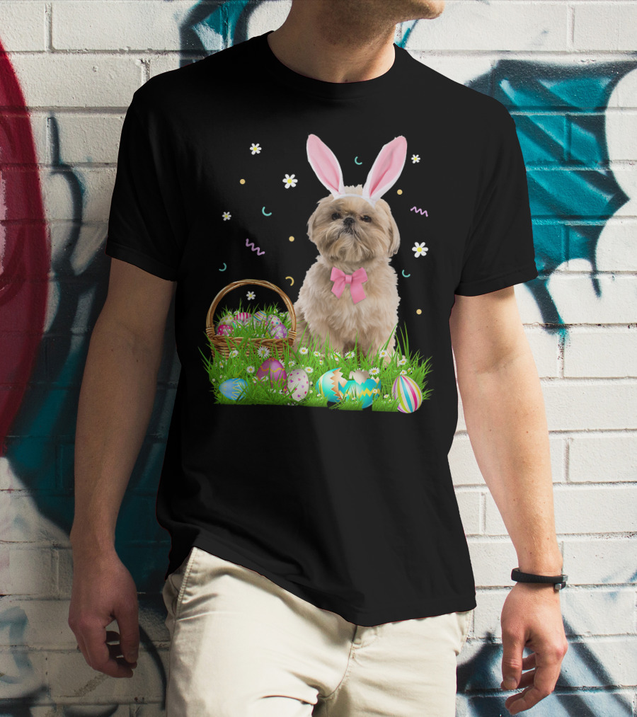 Shih Tzu Easter Day Bunny Ears And Colorful Eggs Easter98 T-Shirt