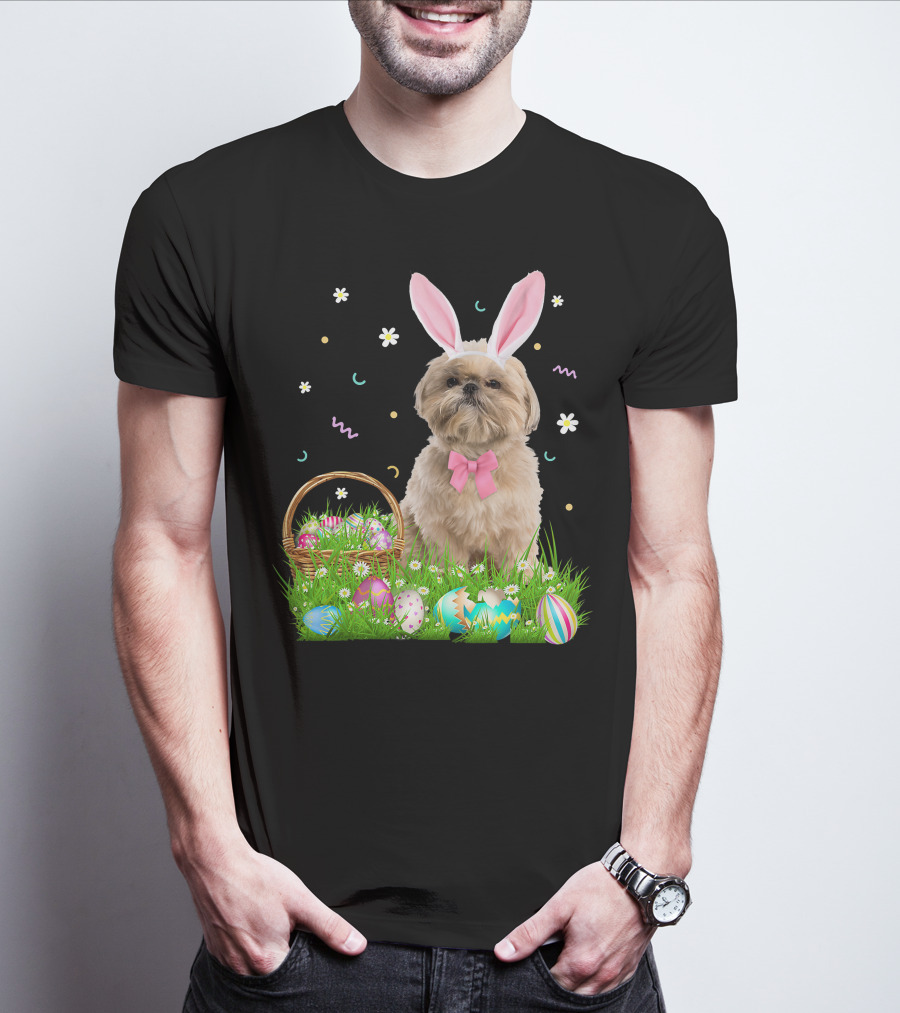Shih Tzu Easter Day Bunny Ears And Colorful Eggs Easter98 T-Shirt