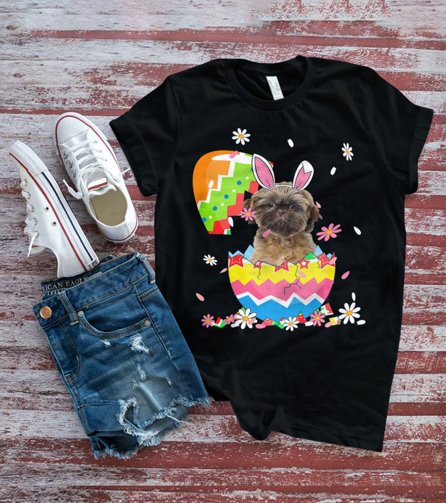 Cute Shih Tzu Easter Day Dog Dad Dog Mom With Bunny Ears And Colorful Egg T-Shirt