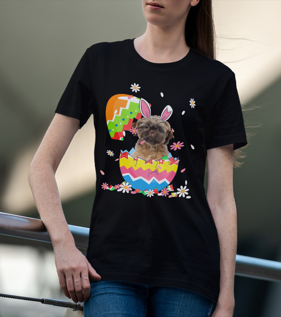 Cute Shih Tzu Easter Day Dog Dad Dog Mom With Bunny Ears And Colorful Egg T-Shirt