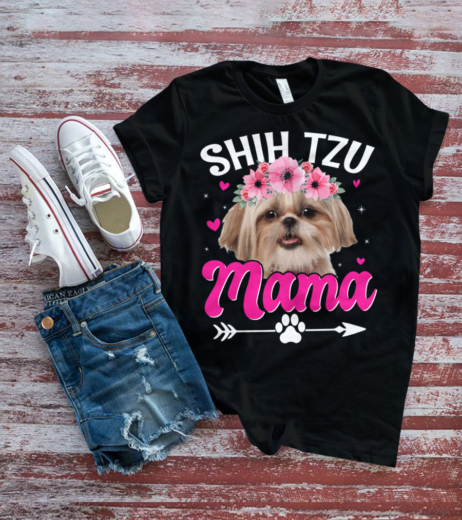 Shih Tzu Mama With Flower Crown Hearts T-Shirt