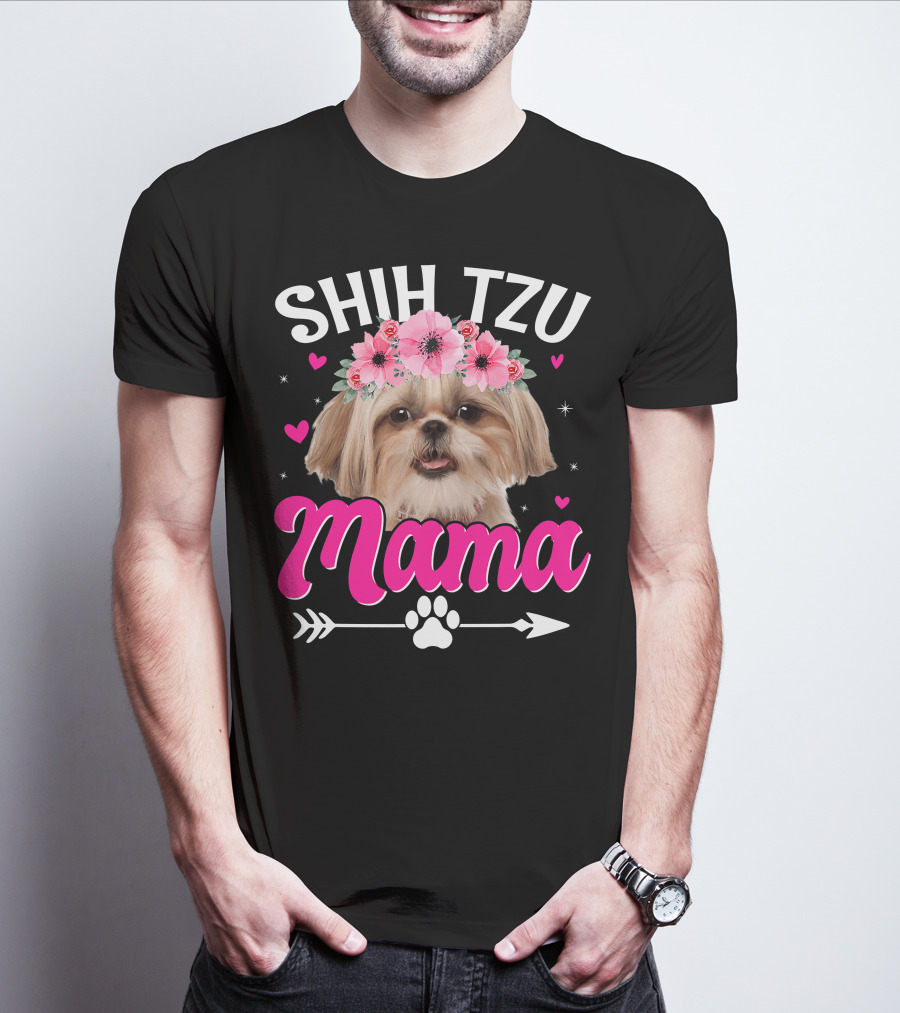 Shih Tzu Mama With Flower Crown Hearts T-Shirt