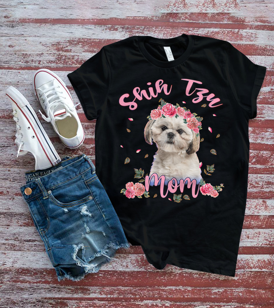 Shih Tzu Mom Flower Dog Lover Women Gifts T-Shirt