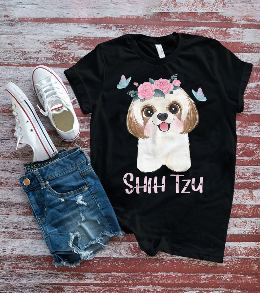 Cute Shih Tzu Mom Dad Mens Dog Lover Ladies Shih Tzu Roses Butterflies T-Shirt