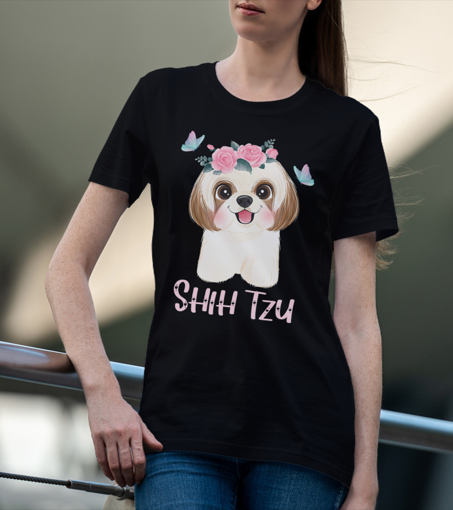 Cute Shih Tzu Mom Dad Mens Dog Lover Ladies Shih Tzu Roses Butterflies T-Shirt