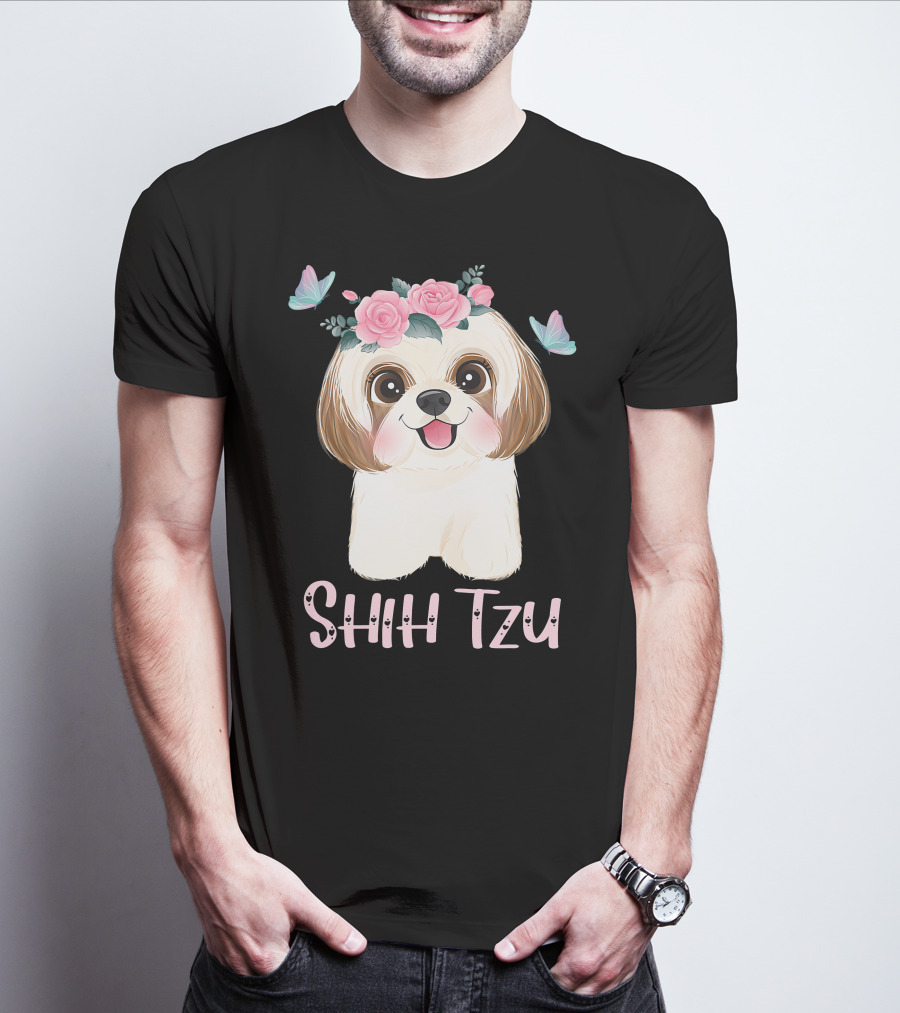 Cute Shih Tzu Mom Dad Mens Dog Lover Ladies Shih Tzu Roses Butterflies T-Shirt