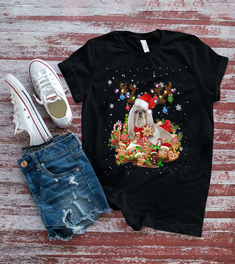 Cute Shih Tzu Reindeer Christmas Lighting Santa Xm Gingerbread Candy Cane Ornaments T-Shirt