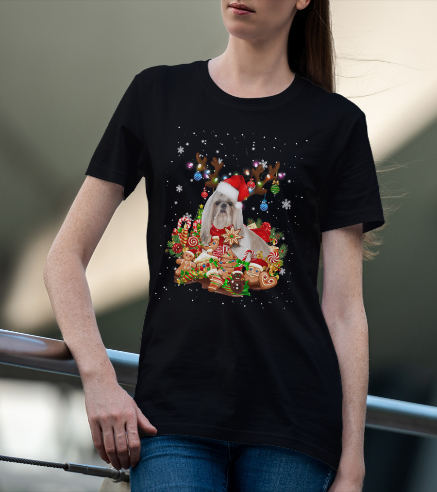 Cute Shih Tzu Reindeer Christmas Lighting Santa Xm Gingerbread Candy Cane Ornaments T-Shirt