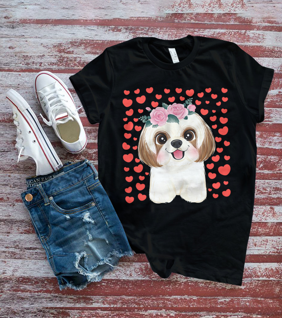 Cute Shih Tzu Valentine's Day Red Hearts Dog Flowers T-Shirt