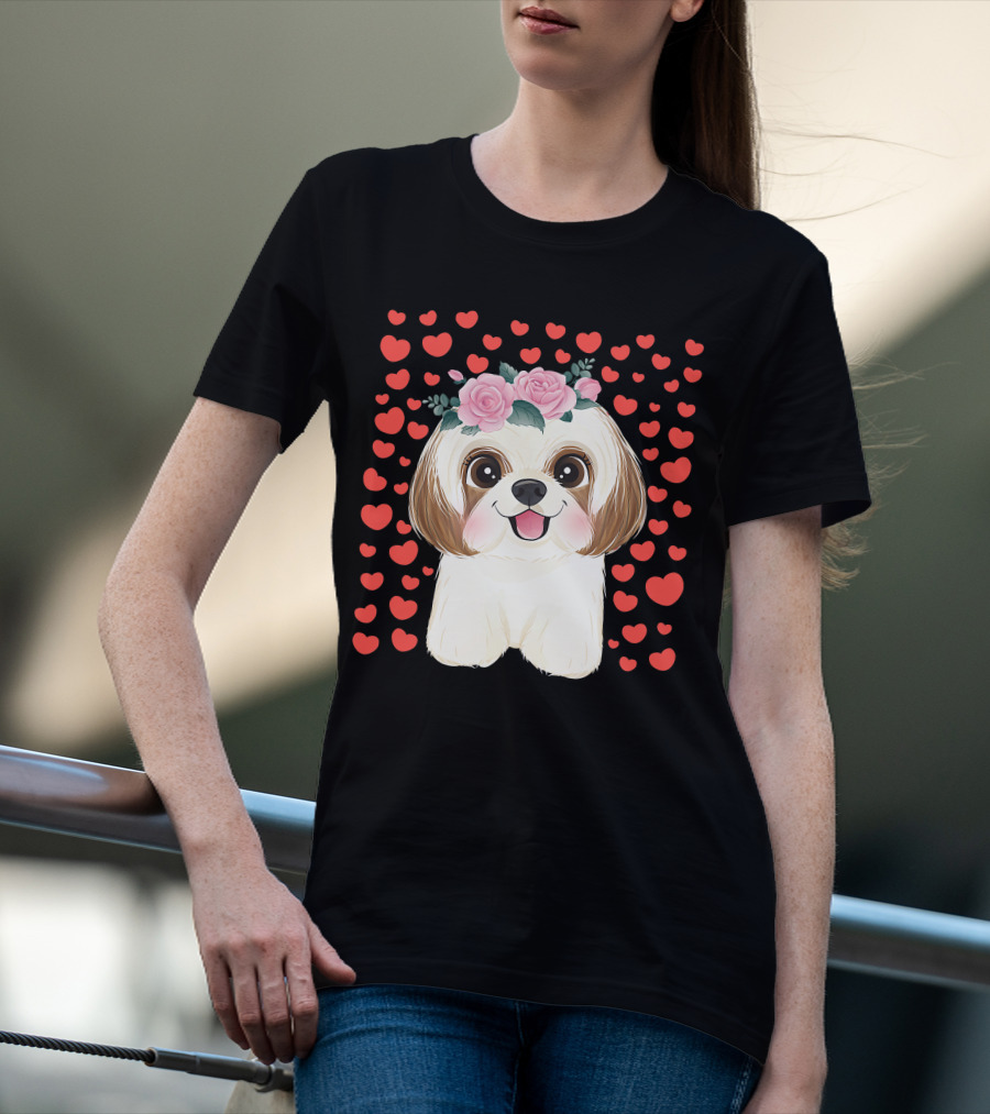 Cute Shih Tzu Valentine's Day Red Hearts Dog Flowers T-Shirt
