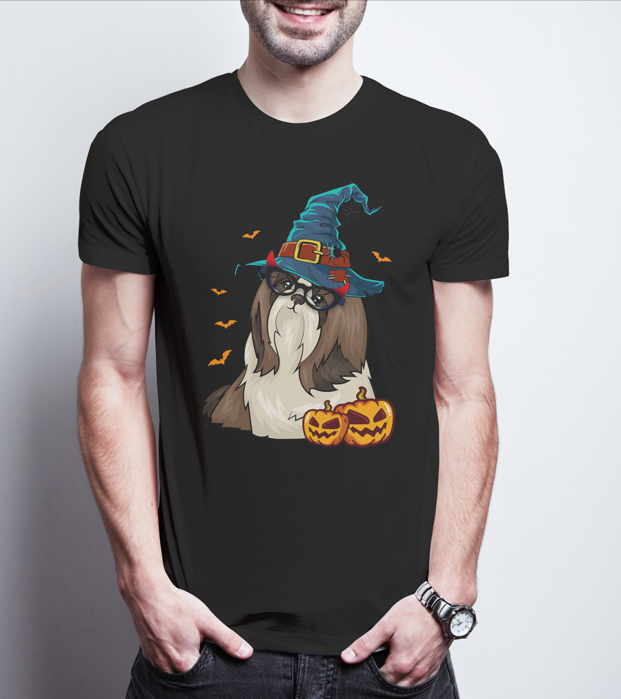 Cute Shih Tzu Glasses Witch Hat Halloween Pumpkins Bats T-Shirt