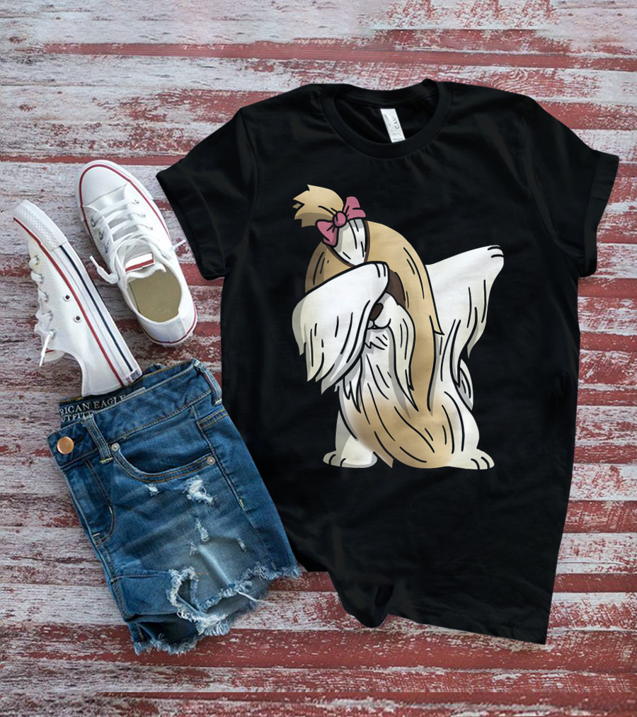 Dabbing Shih Tzu Dab Dance Long-Coated Dog With Bow T-Shirt