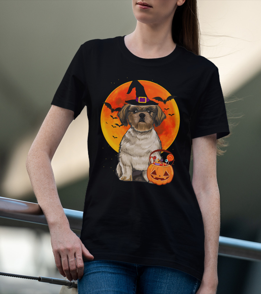 Shih Tzu Dog Halloween Jack O Lantern Pumpkin With Bats And Witch Hat T-Shirt