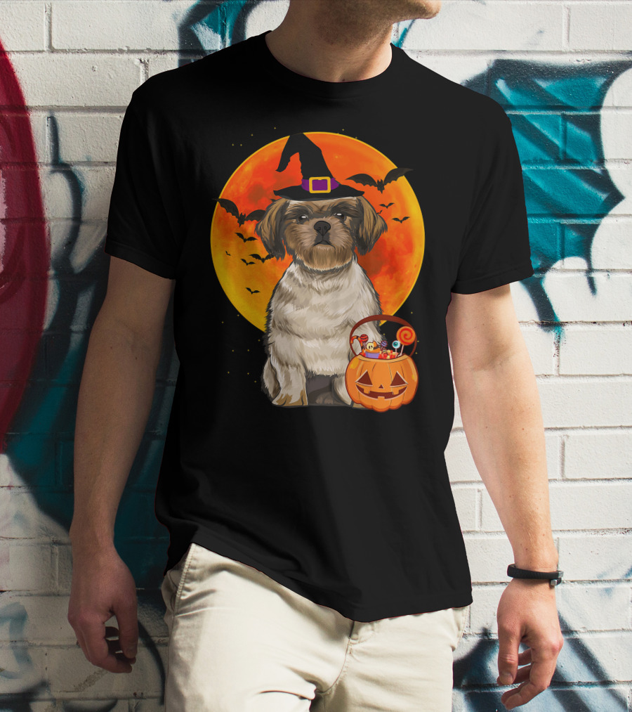 Shih Tzu Dog Halloween Jack O Lantern Pumpkin With Bats And Witch Hat T-Shirt