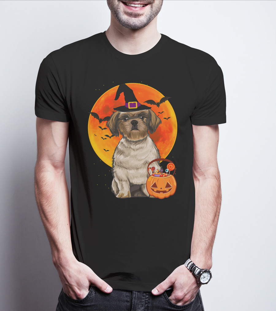 Shih Tzu Dog Halloween Jack O Lantern Pumpkin With Bats And Witch Hat T-Shirt