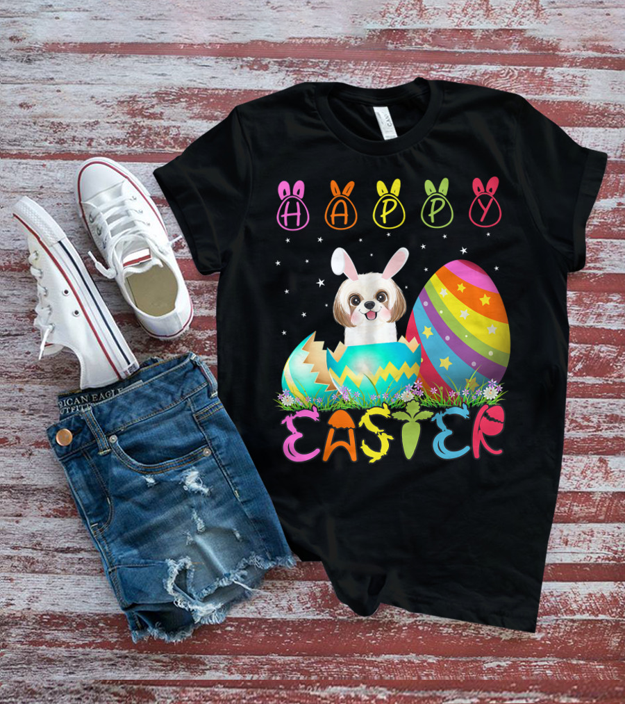 Happy Easter Day Shih Tzu Dog In Colorful Egg Matching T-Shirt