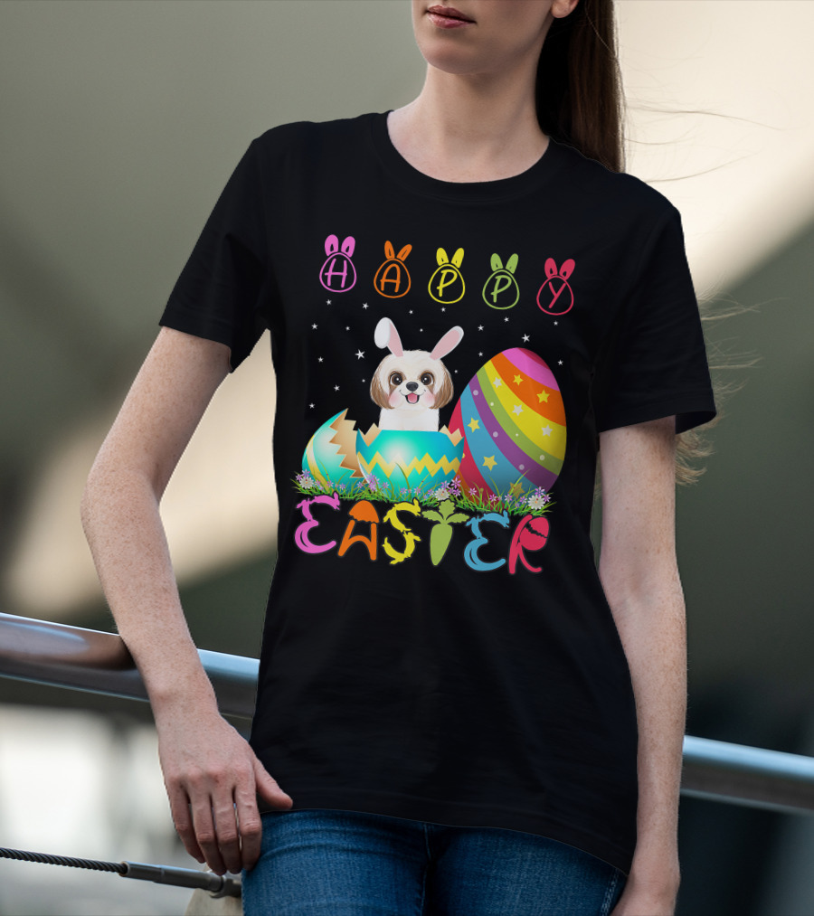 Happy Easter Day Shih Tzu Dog In Colorful Egg Matching T-Shirt