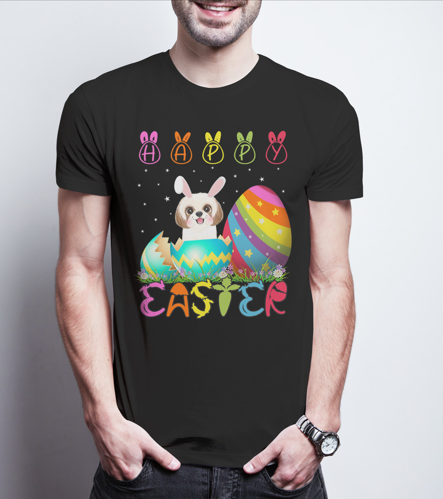 Happy Easter Day Shih Tzu Dog In Colorful Egg Matching T-Shirt