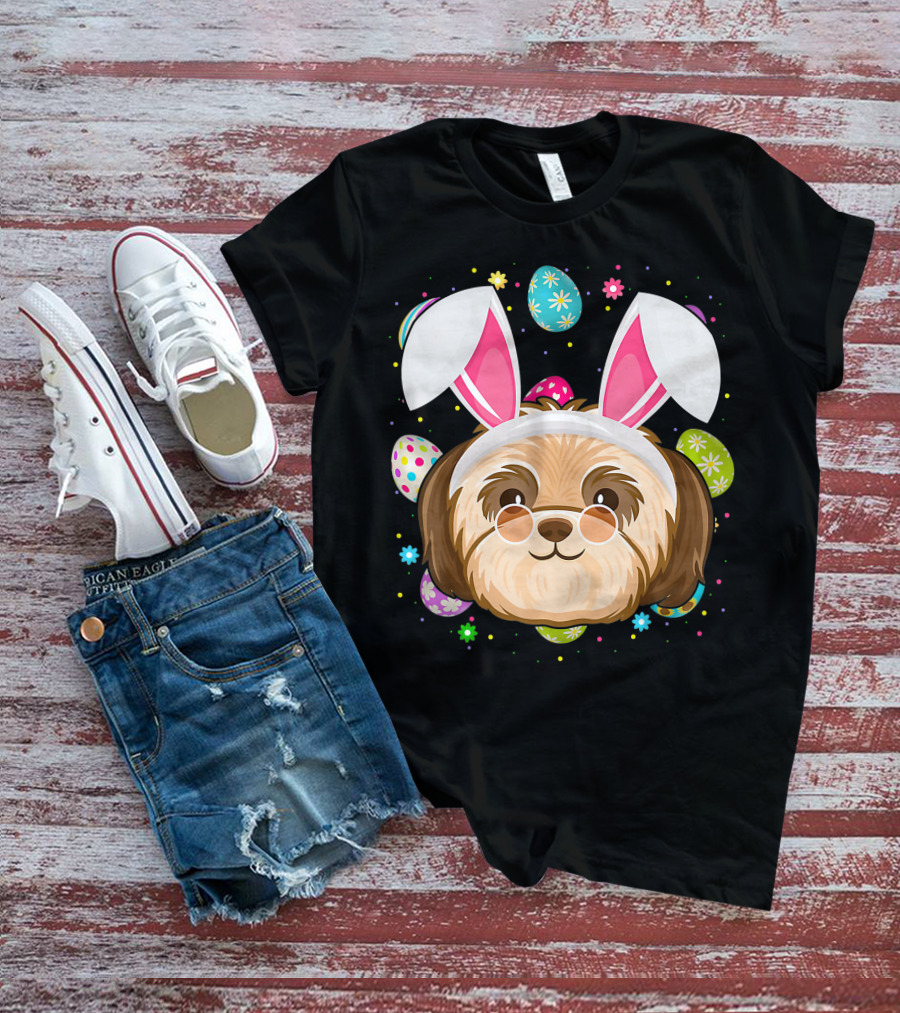 Easter Egg Lover Bunny Ear Shih Tzu Dog Face Easter T-Shirt