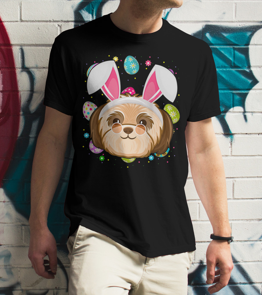 Easter Egg Lover Bunny Ear Shih Tzu Dog Face Easter T-Shirt