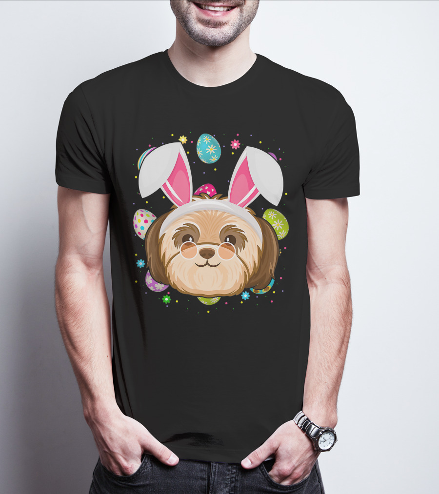 Easter Egg Lover Bunny Ear Shih Tzu Dog Face Easter T-Shirt