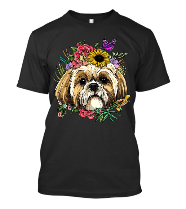 Floral Shih Tzu Dog With Butterfly And Spring Flowers For Nature And Shih Tzu Lovers T-Shirt