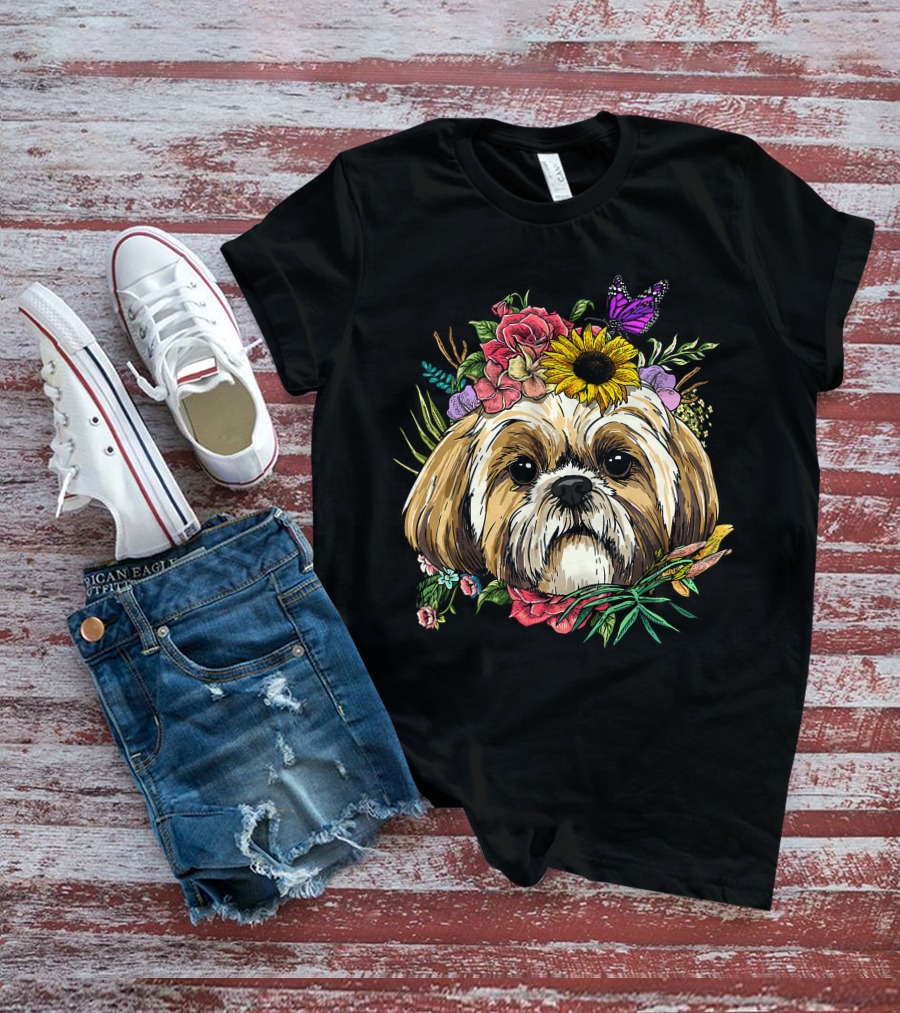 Floral Shih Tzu Dog With Butterfly And Spring Flowers For Nature And Shih Tzu Lovers T-Shirt