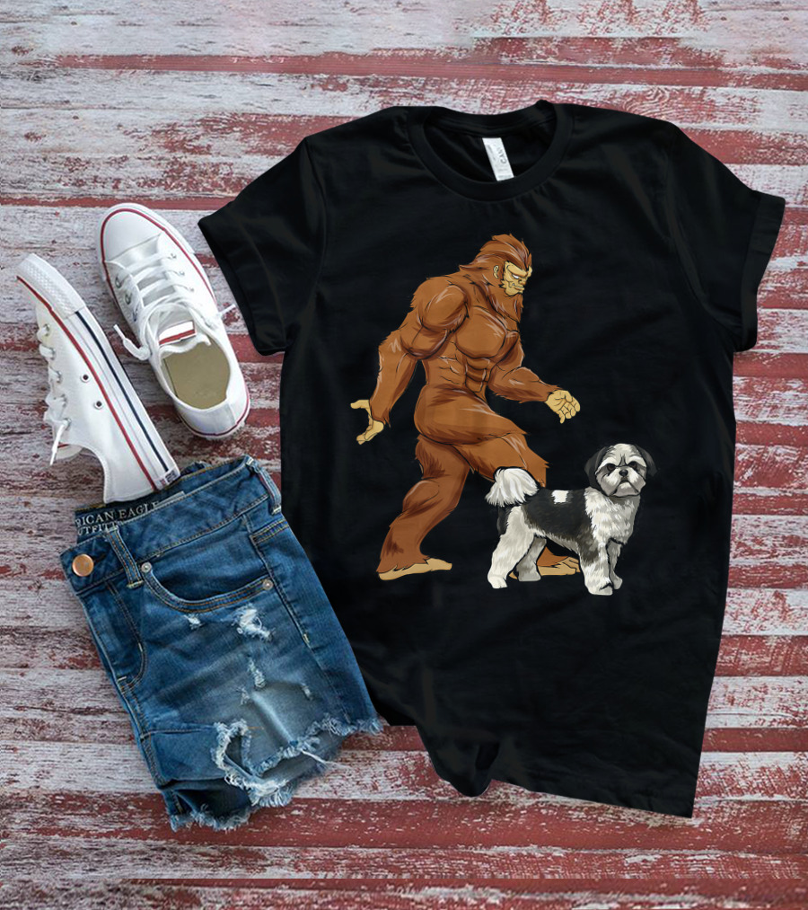 Funny Bigfoot Walking Shih Tzu Sasquatch Dog Comic T-Shirt