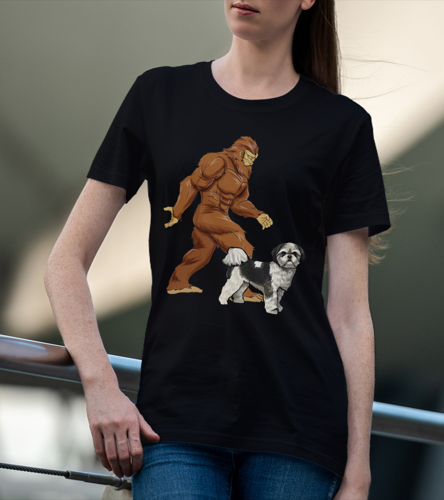 Funny Bigfoot Walking Shih Tzu Sasquatch Dog Comic T-Shirt