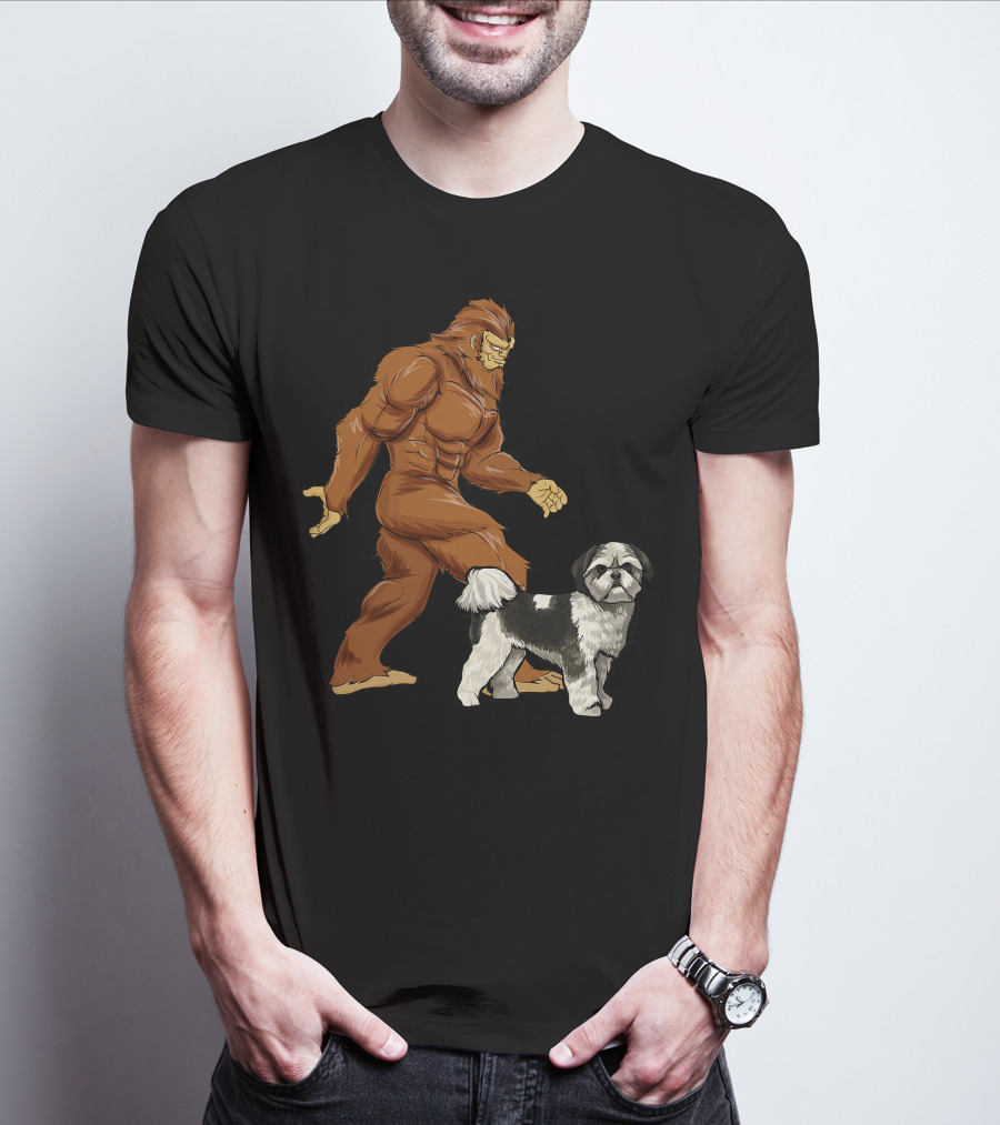 Funny Bigfoot Walking Shih Tzu Sasquatch Dog Comic T-Shirt