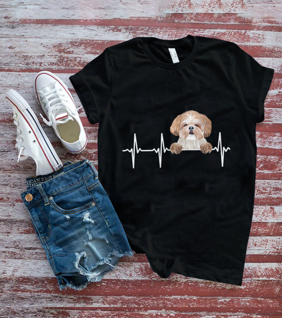 Heartbeat Line With Cute Shih Tzu Illustration For Funny Dog Lovers T-Shirt