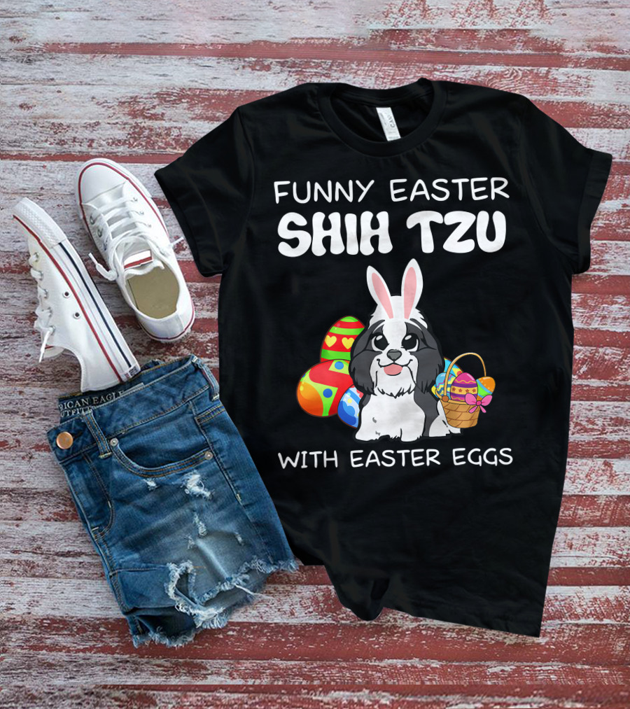Funny Easter Shih Tzu With Easter Eggs Basket And Bunny Ears T-Shirt