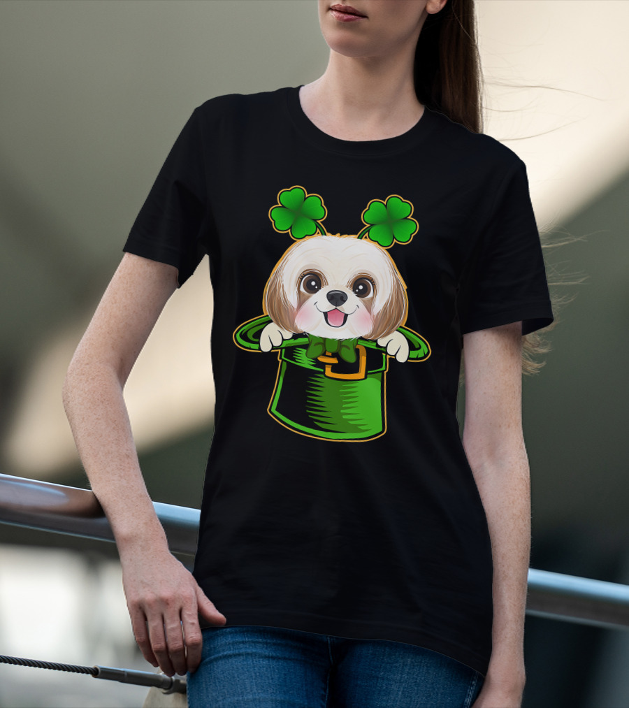 Leprechaun Hat Shih Tzu Dog With Green Clover Antennae T-Shirt