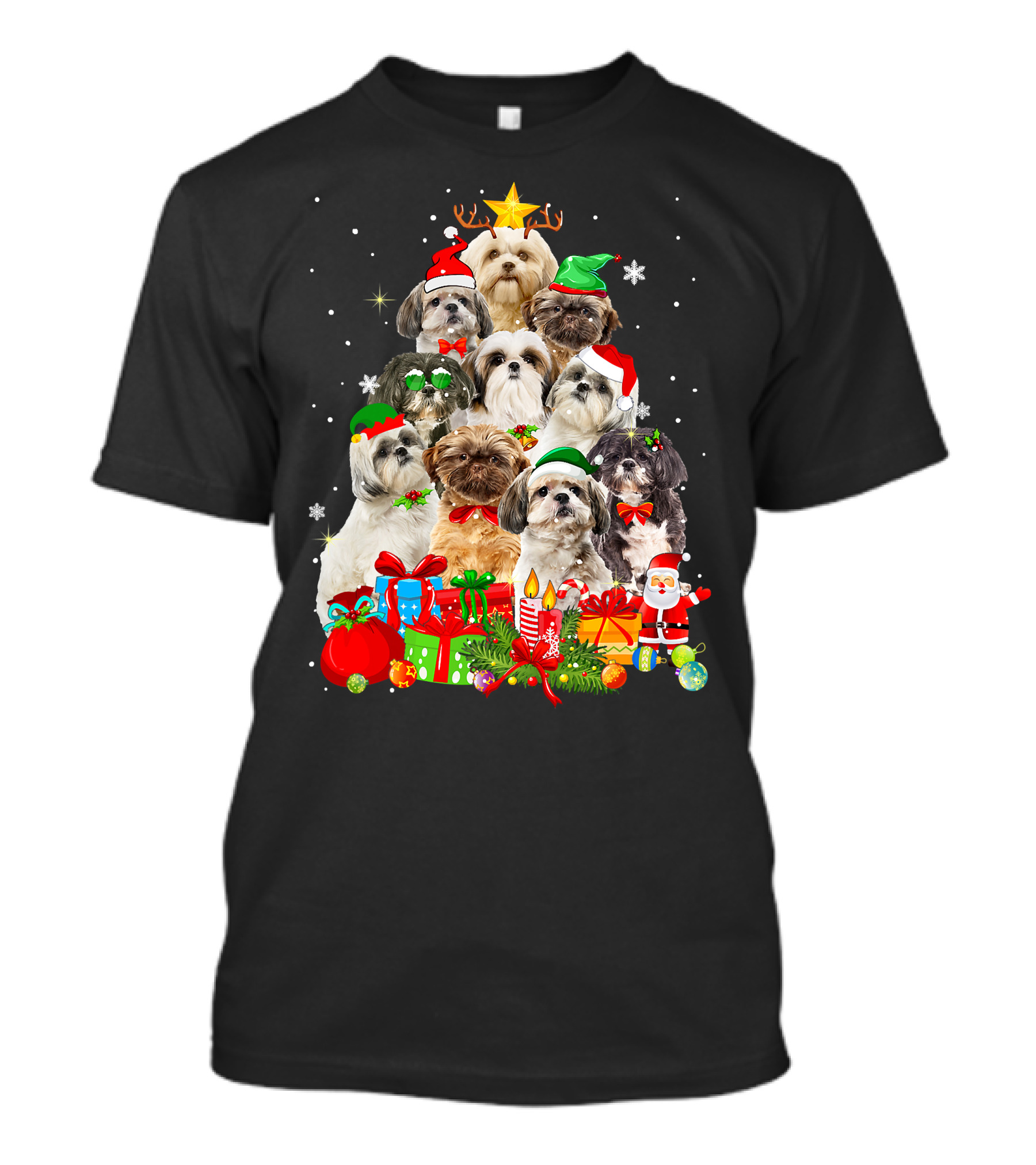 Shih Tzu Christmas Tree With Holiday Lights And Puppy Dogs T-Shirt