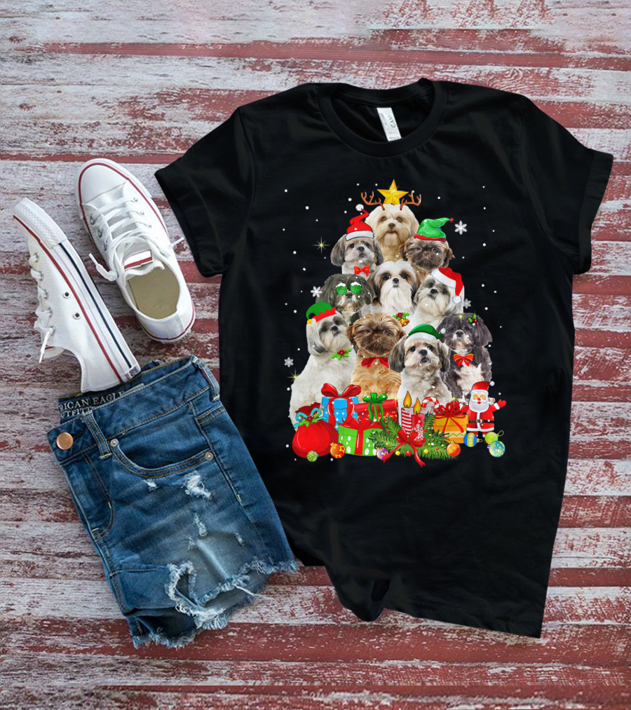 Shih Tzu Christmas Tree With Holiday Lights And Puppy Dogs T-Shirt