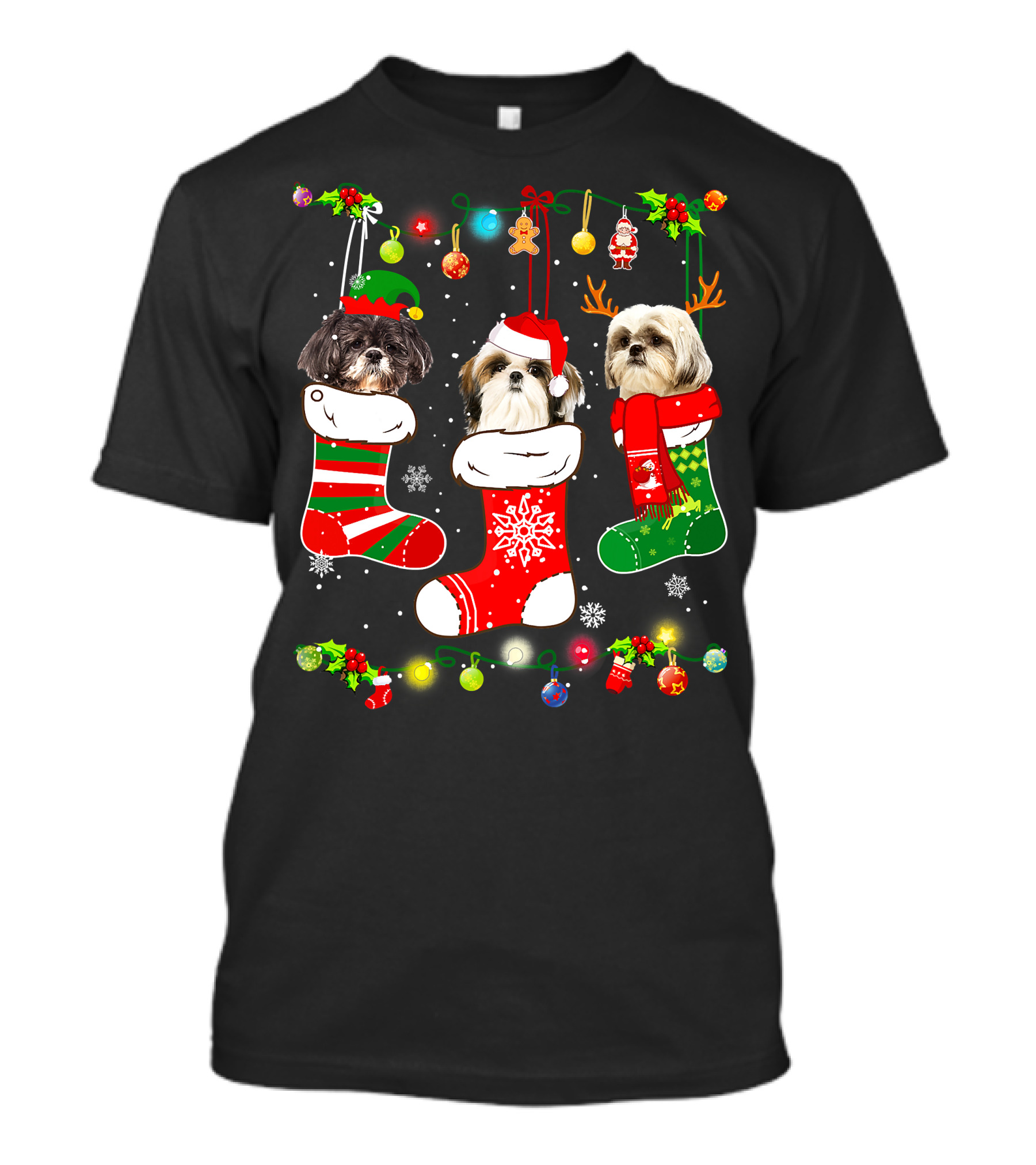 Shih Tzu Dogs In Christmas Stockings With Santa Hats And Christmas Lights T-Shirt