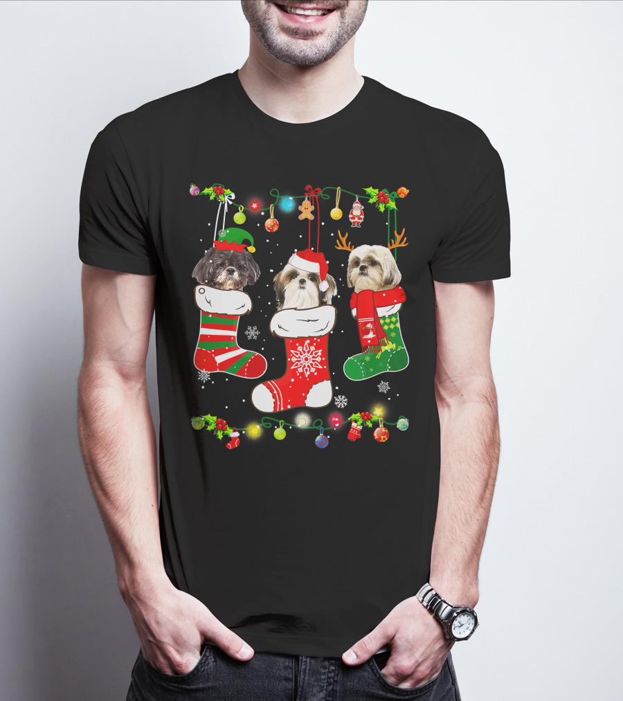 Shih Tzu Dogs In Christmas Stockings With Santa Hats And Christmas Lights T-Shirt