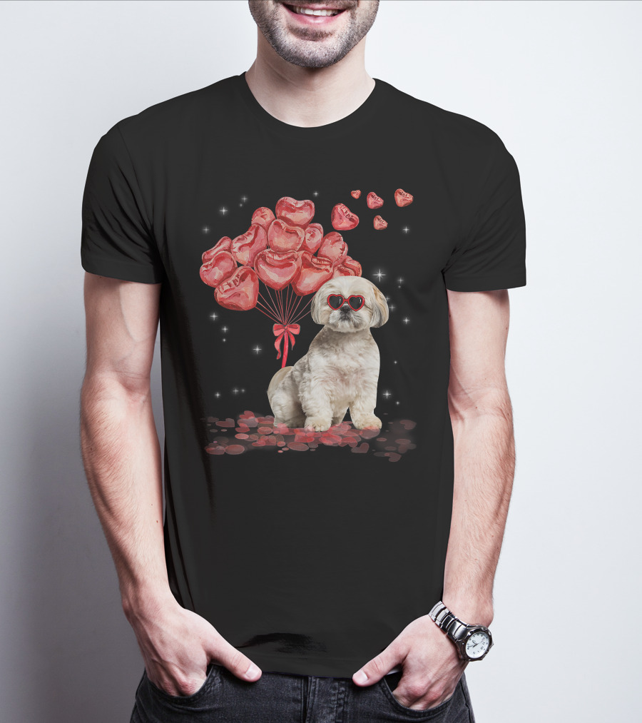 Shih Tzu Heart Balloons Funny Valentines Day Dog Dad Mom T-Shirt