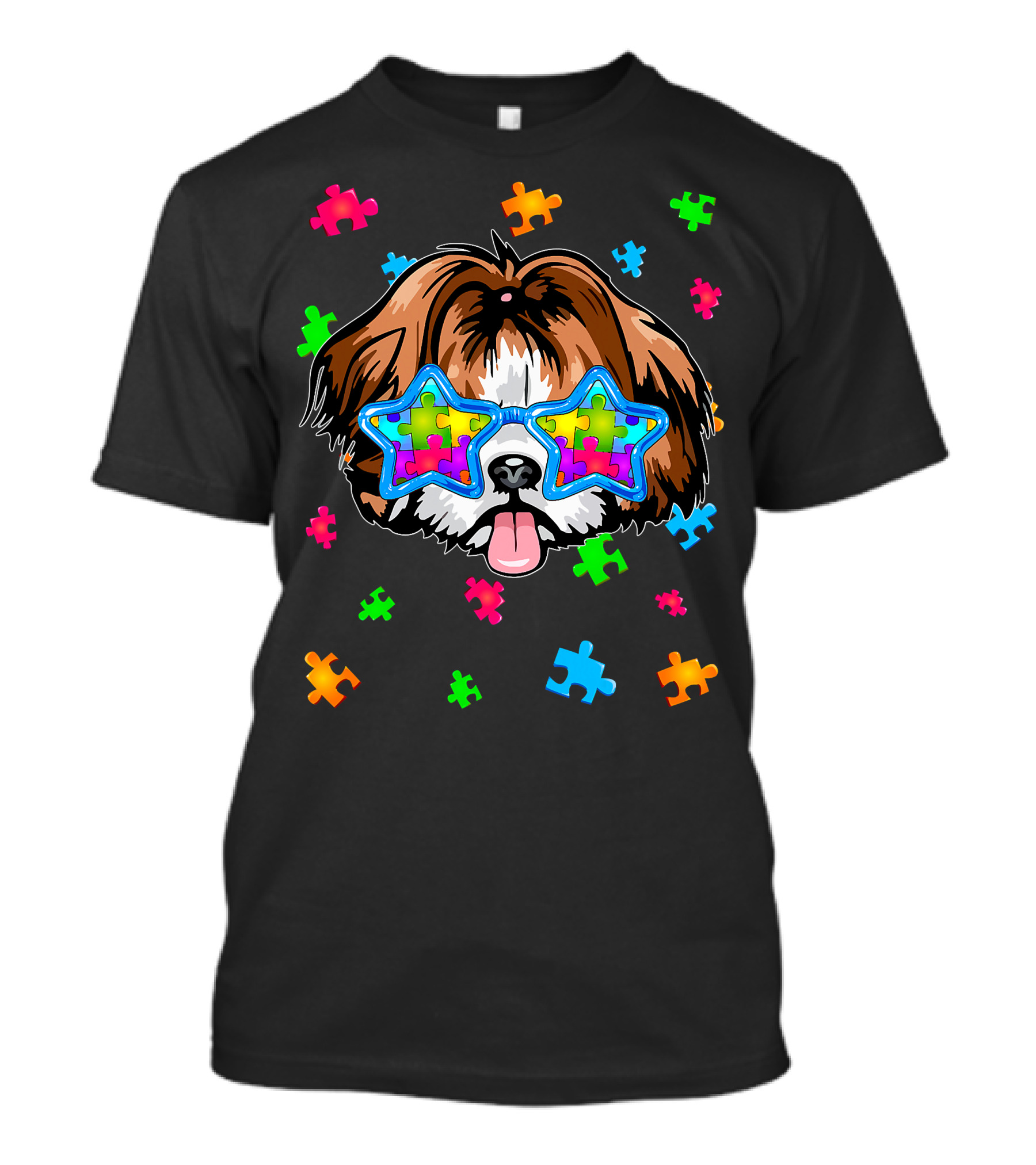 Funny Shih Tzu Star Glasses Puzzle Autism Awareness T-Shirt