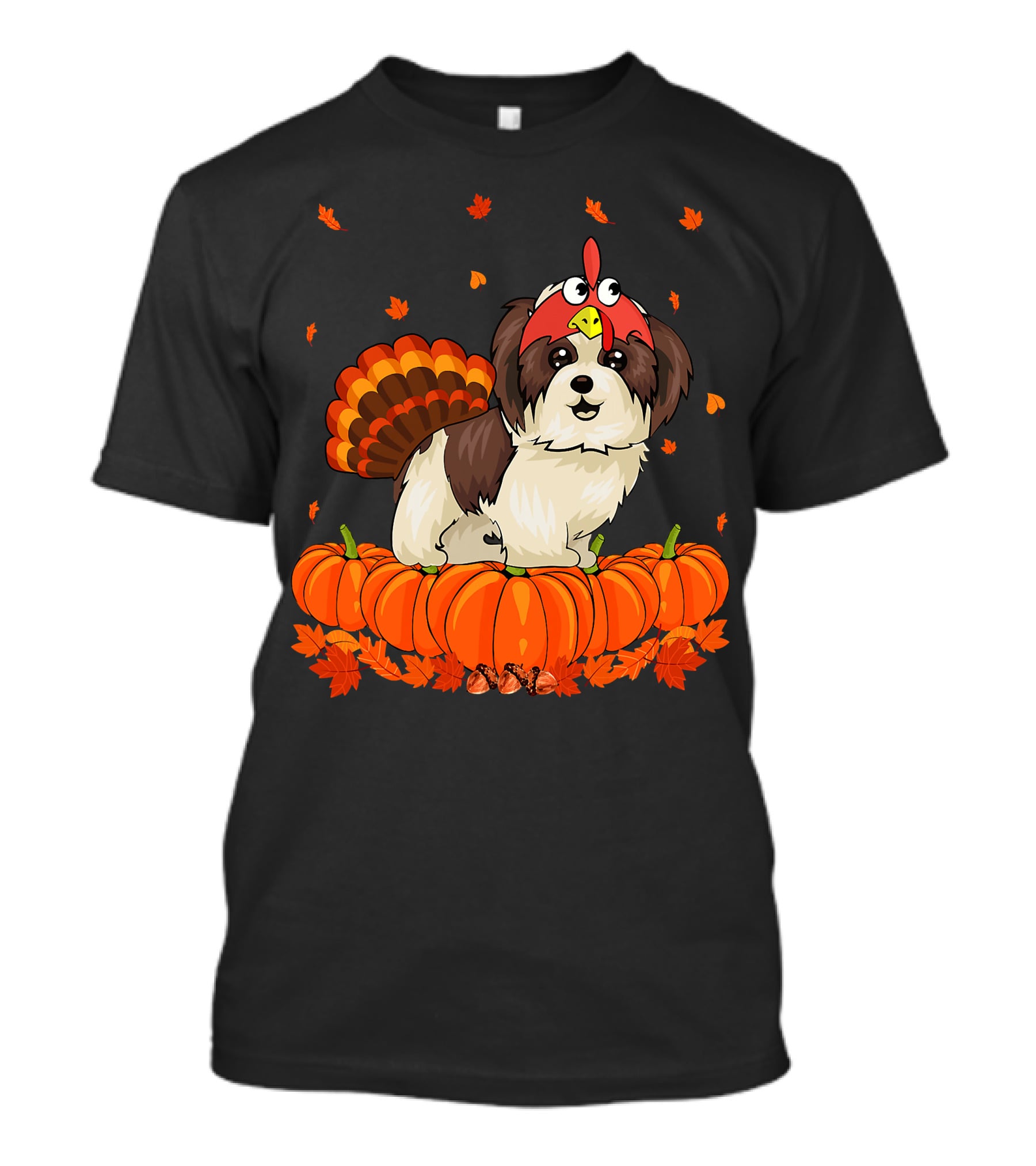Shih Tzu Dressed As Turkey With Pumpkins And Autumn Leaves Thanksgiving Fun T-Shirt