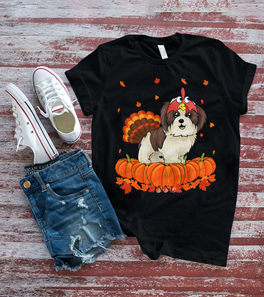 Shih Tzu Dressed As Turkey With Pumpkins And Autumn Leaves Thanksgiving Fun T-Shirt