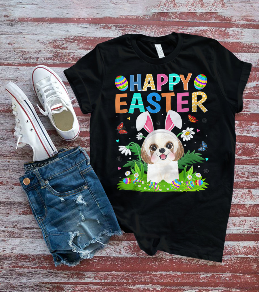 Happy Easter Bunny Shih Tzu Dog With Easter Eggs And Butterflies T-Shirt
