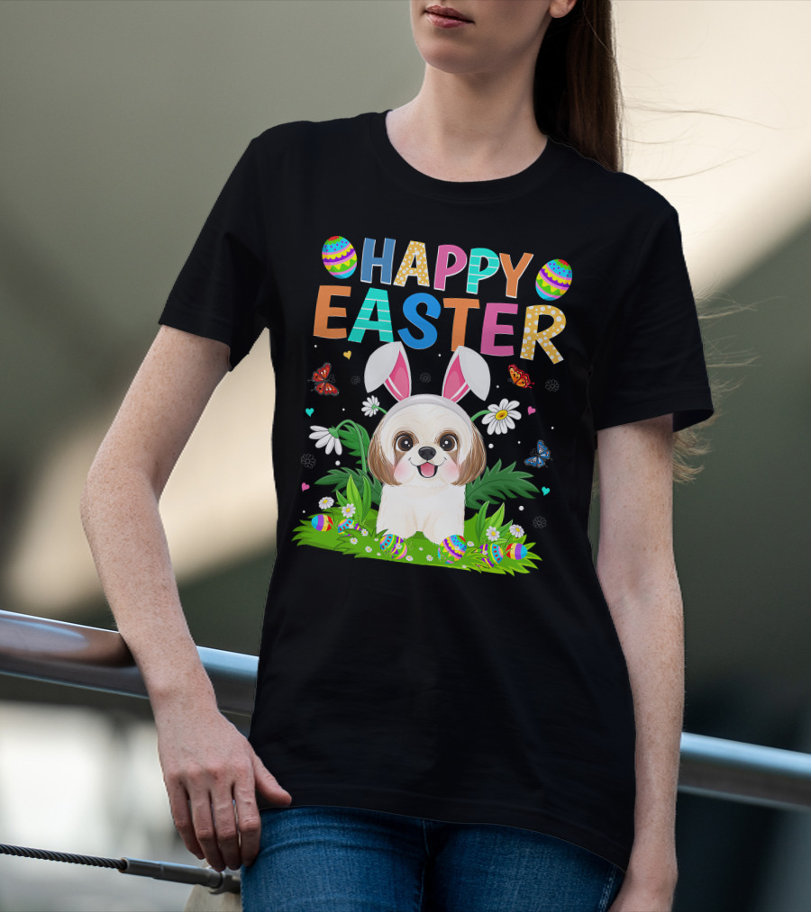 Happy Easter Bunny Shih Tzu Dog With Easter Eggs And Butterflies T-Shirt