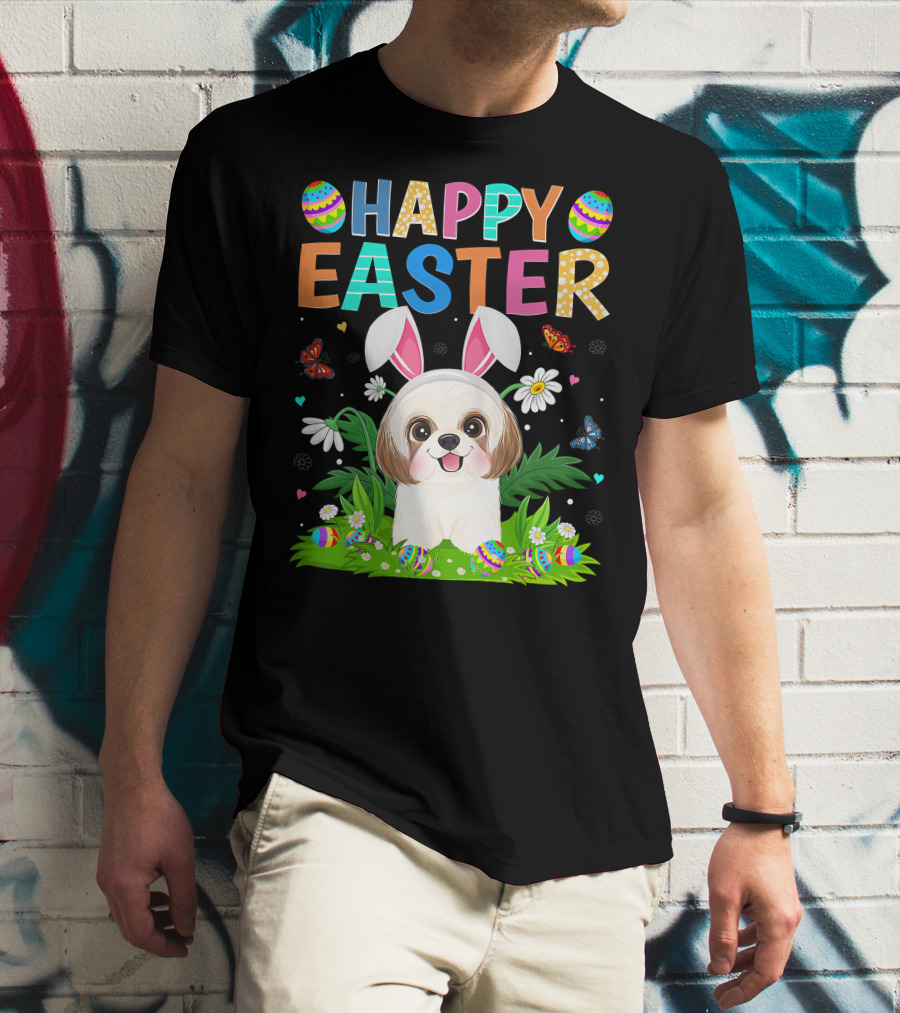 Happy Easter Bunny Shih Tzu Dog With Easter Eggs And Butterflies T-Shirt