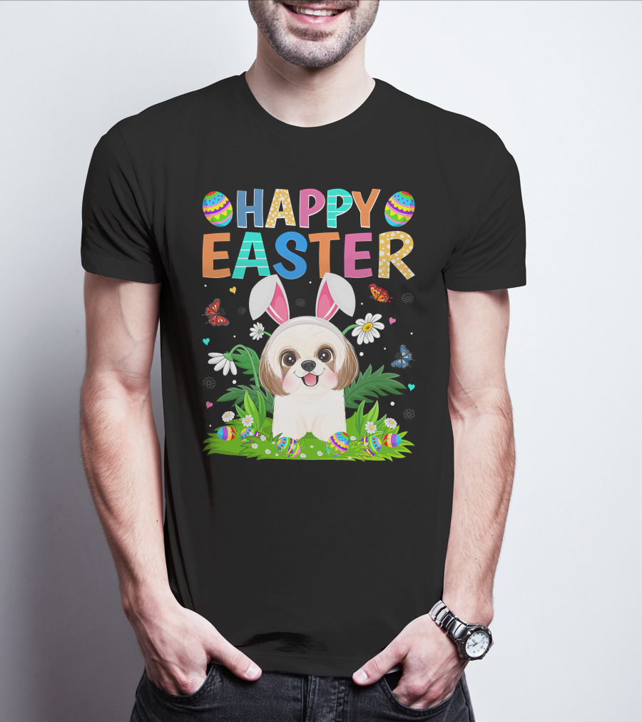 Happy Easter Bunny Shih Tzu Dog With Easter Eggs And Butterflies T-Shirt