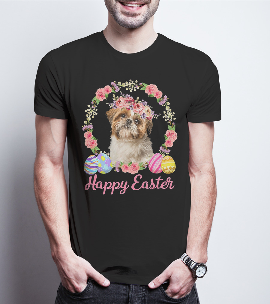 Happy Easter Shih Tzu Dog Flower Wreath With Decorative Eggs T-Shirt