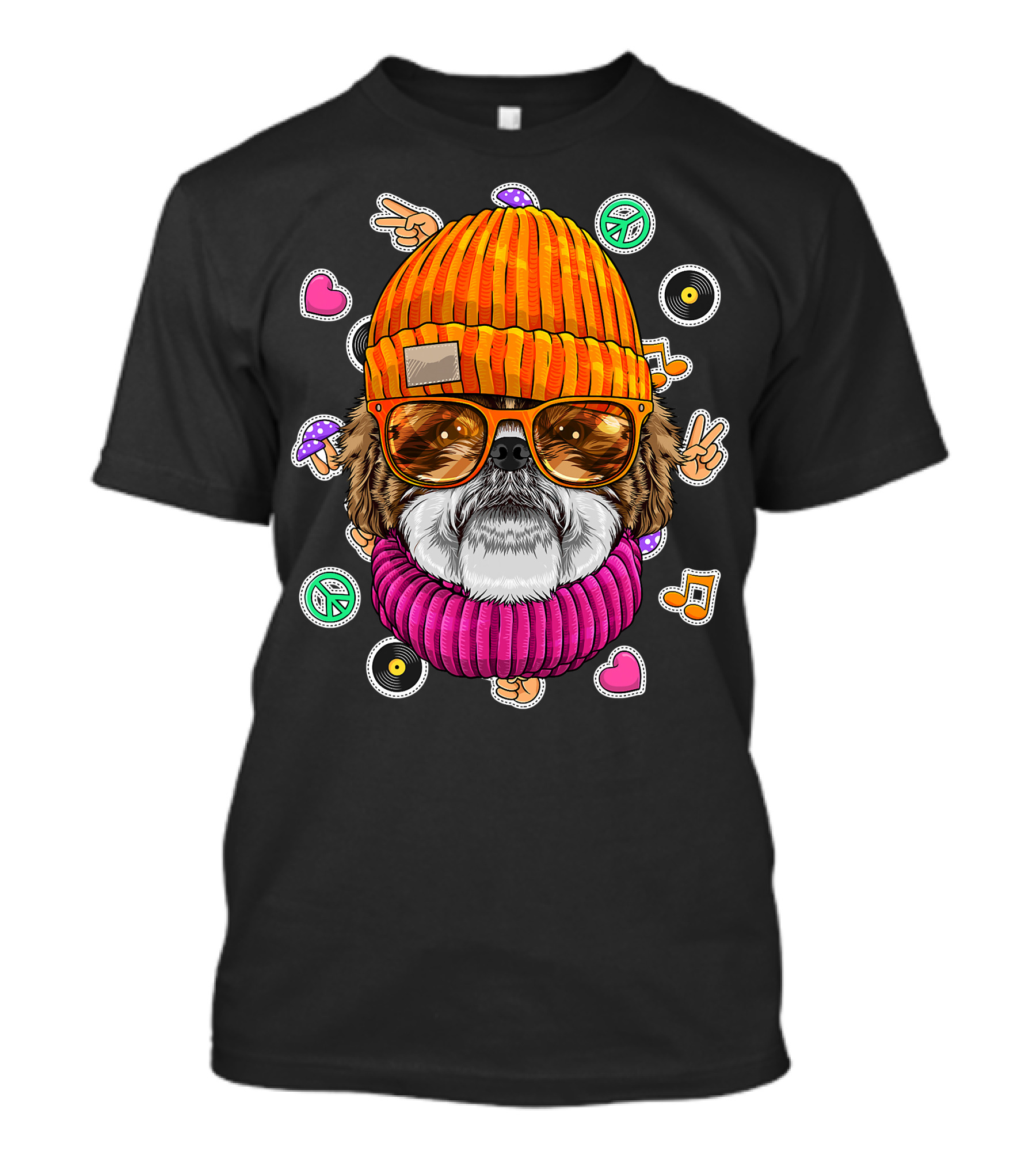 Hipster Shih Tzu With Glasses And Beanie Surrounded By Love Peace And Music Icons T-Shirt
