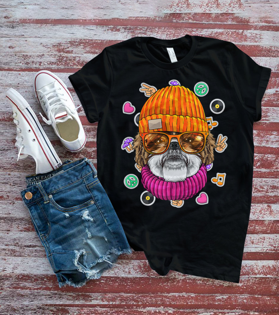 Hipster Shih Tzu With Glasses And Beanie Surrounded By Love Peace And Music Icons T-Shirt