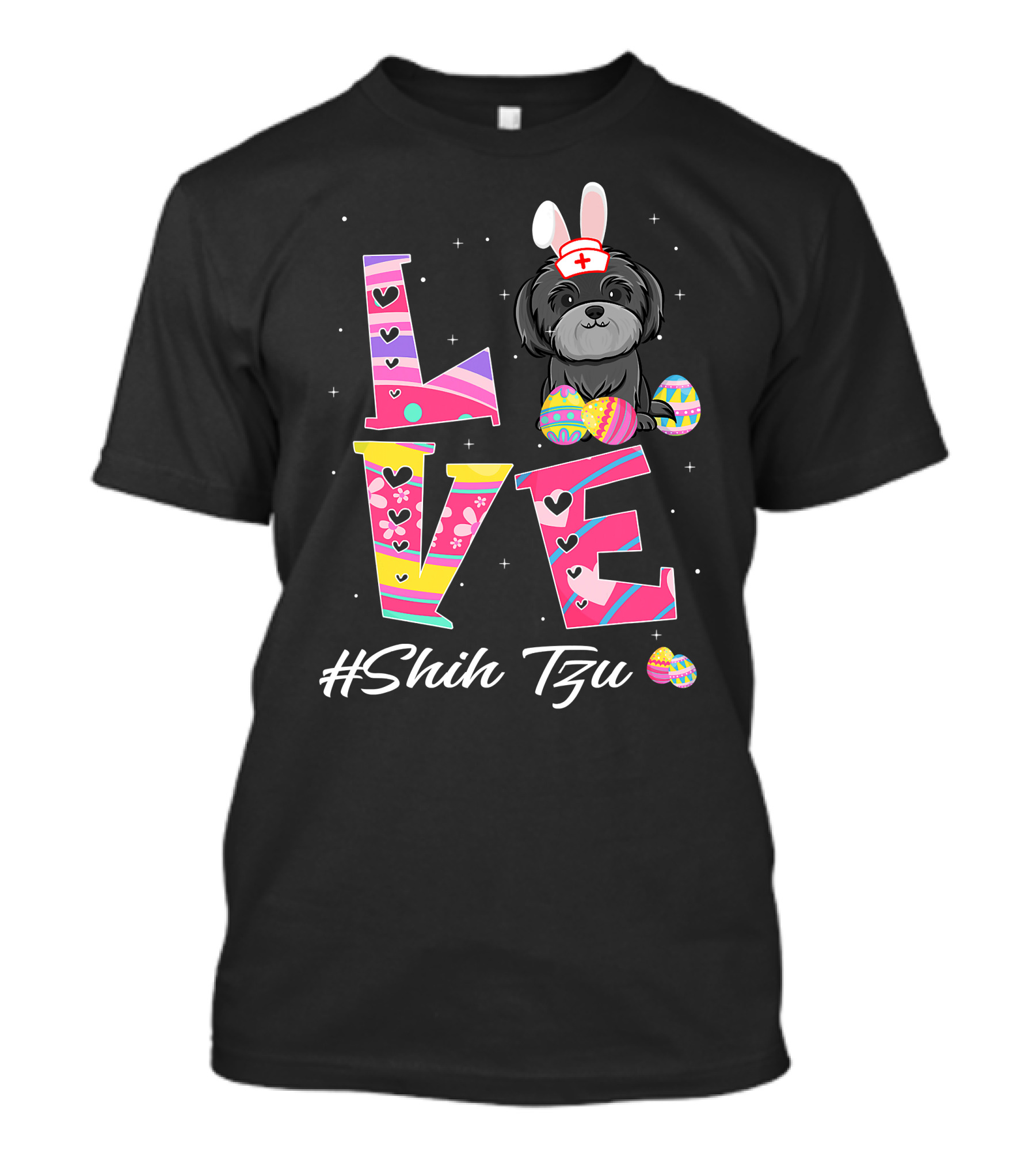 Love Easter Shih Tzu Bunny Ears Nurse Hat Egg Pattern Funny Dog Lovers T-Shirt