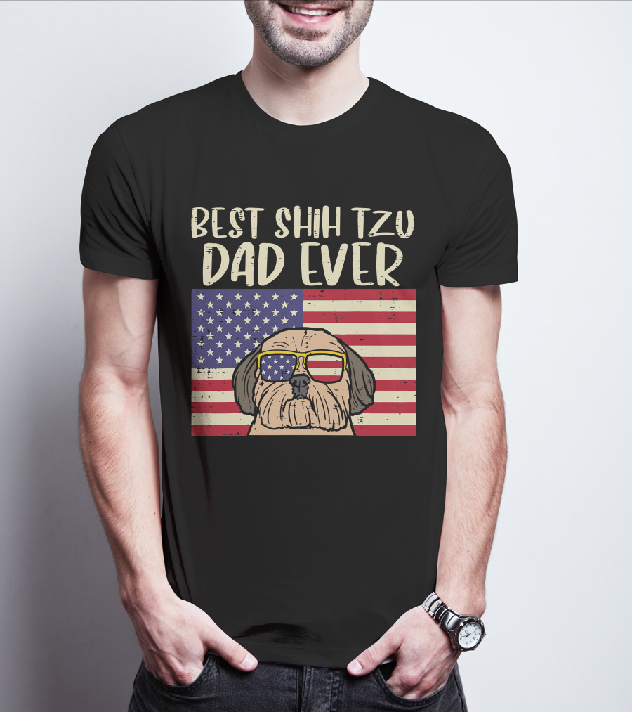 Best Shih Tzu Dad Ever US Flag Patriotic Dog Sunglasses T-Shirt